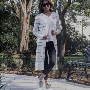 CAbi 5638 Dashes Duster Cardigan Sweater White Black Cotton Rib Knit, Size M